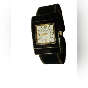 Studio Elegant Black and Gold Timepiece Cuff Watch